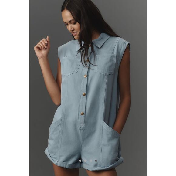 Anthropologie NWT Pilcro Sleeveless Neutral Blue Collared Romper XS - Picture 2 of 8